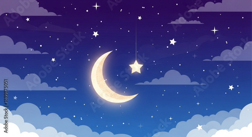 Glowing crescent moon and star under a starry night sky with clouds dreamy celestial scene