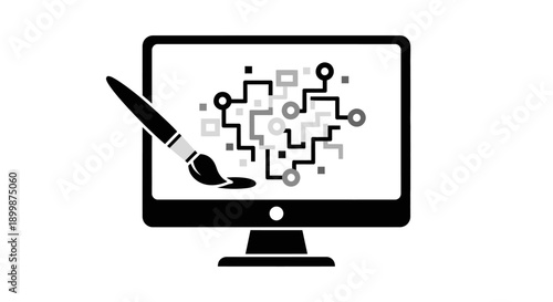 Digital Design Process on Monitor with Circuit Board Pattern, Pen Tool, and Brush Tool on Isolated White Background