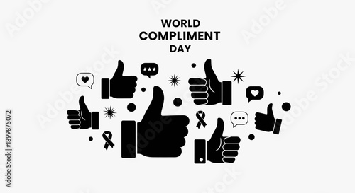 Social Media Icons for World Compliment Day with Thumbs Up, Hearts, and Stars on Isolated White Background