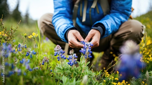 A person crouching in a field of wildflowers, holding a purple flower.