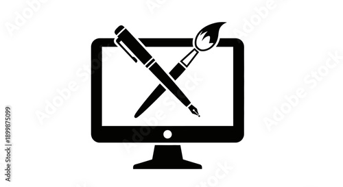 Digital Art and Creativity Concept with Monitor, Pen, and Paintbrush Icon, isolated white background