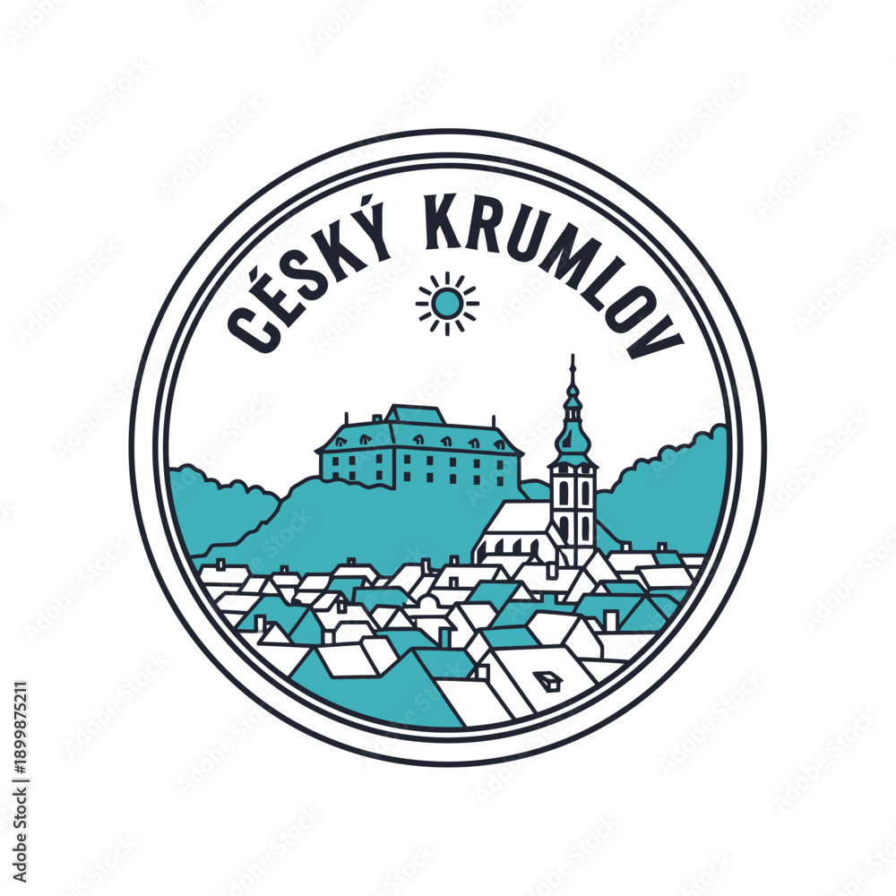 Naklejka premium Stylized circular logo of Český Krumlov featuring its iconic castle, church, and old town buildings under a sun, in a teal and white color scheme, perfect for travel branding.