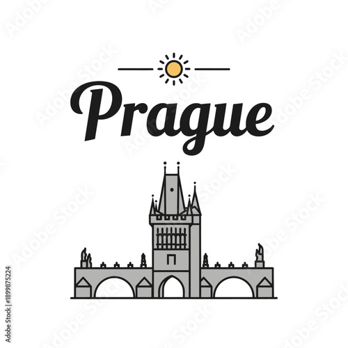 Minimalist line art illustration of the iconic Charles Bridge and Old Town Bridge Tower in Prague, Czech Republic, with the word 'Prague' and a sun icon above.