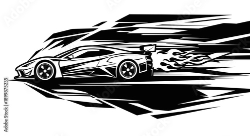 Dynamic Sports Car Racing with Flames and Speed Lines, isolated white background
