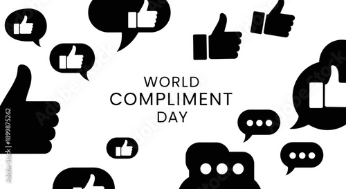 World Compliment Day Concept with Numerous Thumbs Up Icons and Speech Bubbles on Isolated White Background