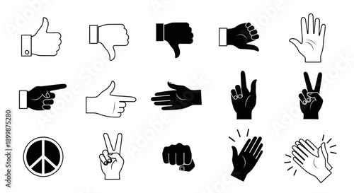 Collection of Diverse Hand Gestures Including Thumbs Up, Peace Sign, and Pointing on Isolated White Background