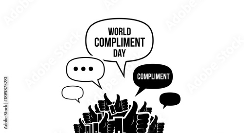 World Compliment Day with Thumbs Up Hands and Speech Bubbles Expressing Praise on Isolated White Background