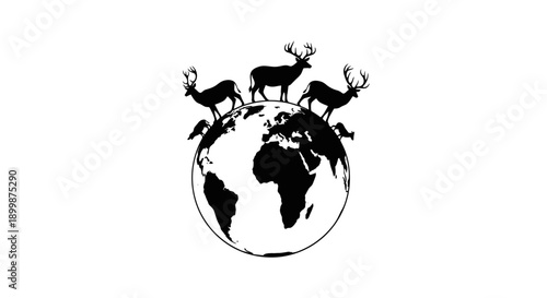 Earth Globe with Deer Silhouettes Representing Global Wildlife on Isolated White Background