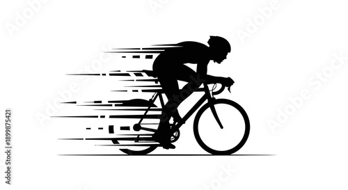 Silhouette of a professional cyclist riding a road bicycle at high speed with motion blur lines on an isolated white background.