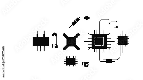 Set of black electronic circuit board components icons including microchip, processor, and various tech elements on an isolated white background.