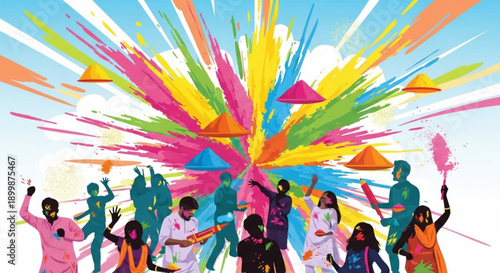 Diverse group celebrating holi festival with colorful powder and vibrant atmosphere outdoors