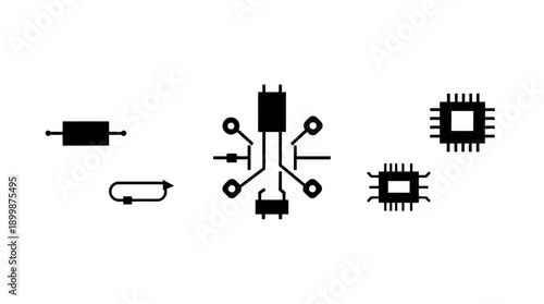 Diverse Black Electronic Components Including Resistors and Microchips with Connecting Lines on an Isolated White Background, Essential Parts