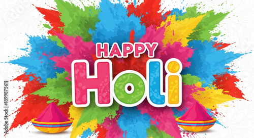 Vibrant holi celebration background with colorful paint splashes and traditional pots