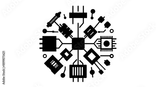 Circular Electronic Circuit Design with Central Processor and Interconnected Chips on Isolated White Background, Global Technology Concept