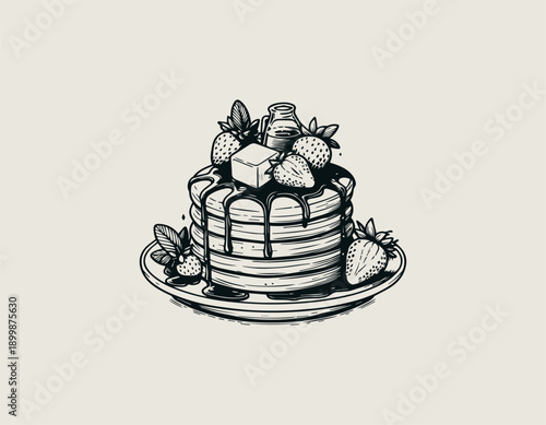 pancake illustration shows stacked breakfast pancakes with syrup and fruit