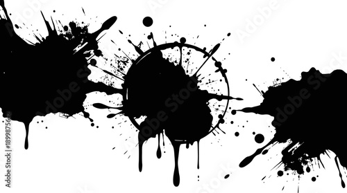 Dynamic Black Ink Splatter and Grunge Paint Drips on Isolated White Background, Artistic Texture Element