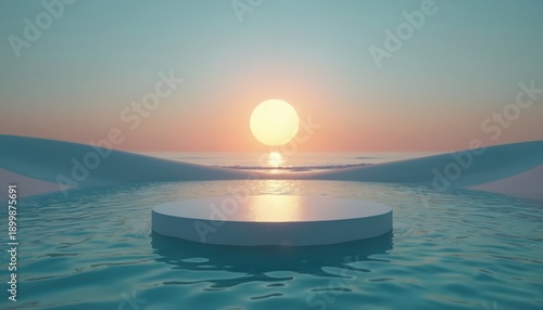 Minimalist podium on water at sunset. Clean stage for product display. Calm sea horizon with soft sky gradient. Natural beauty advertising backdrop. Serene outdoor scene.