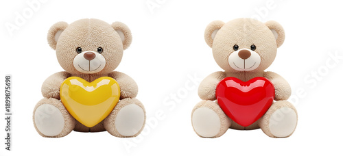 Two adorable teddy bears wearing heart-shaped accessories isolated on transparent background