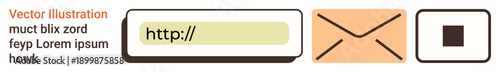 Web design, user interfaces, email communication, website navigation, internet access, online tools. URL text field, mail envelope icon square button. Web design and user interfaces concept