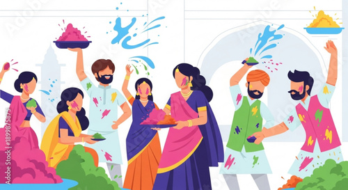 People celebrating holi festival with colorful powders and waters joyful friends throwing colors vibrant indian traditional clothing festive atmosphere with splashes of color