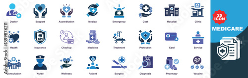 25 Medical and healthcare icon set featuring detailed symbols for doctor clinic insurance and treatment in a clean professional style with vibrant blue tones