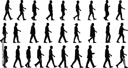 Walking silhouette icon grid, diverse human gait styles and postures, black vector illustration, animation and biometric theme, isolated on white background