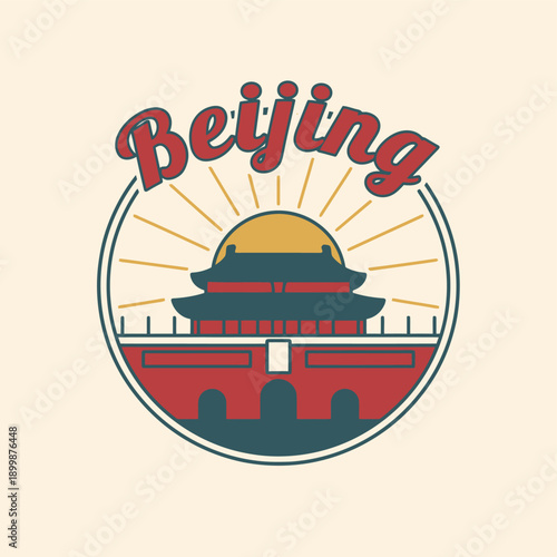 A retro-style circular badge featuring a stylized depiction of a traditional Chinese gate with a rising sun and the word "Beijing" above it.