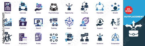 Modern purple and blue icon set featuring business technology and career concepts with 25 detailed icons for presentations and graphics