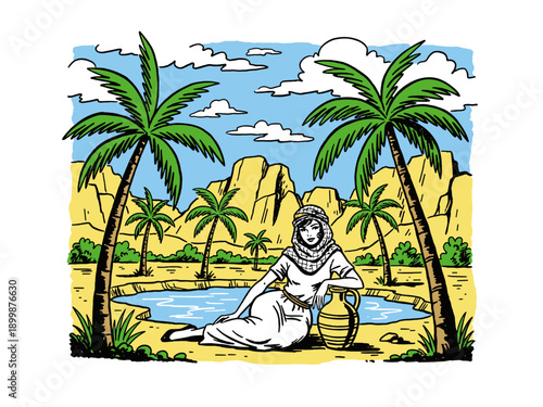 Woman at desert oasis with palm trees and water jar. Retro comic book style illustration, vector art.