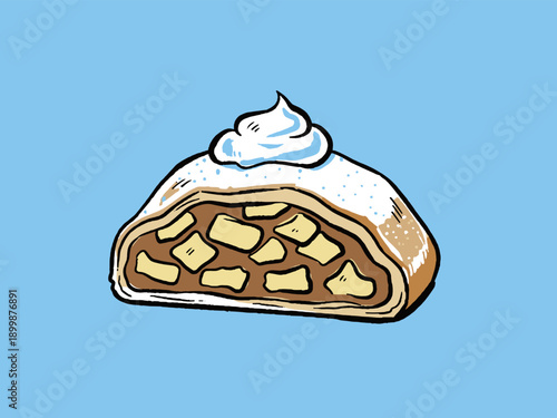 Cartoon Apple Strudel illustration with whipped cream and powdered sugar. Traditional Austrian dessert drawing on blue background.