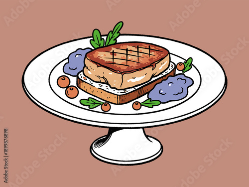 Hand-drawn gourmet dish illustration. Steak or foie gras on toast with berry garnish and sauce on a white stand. Food cartoon doodle art.