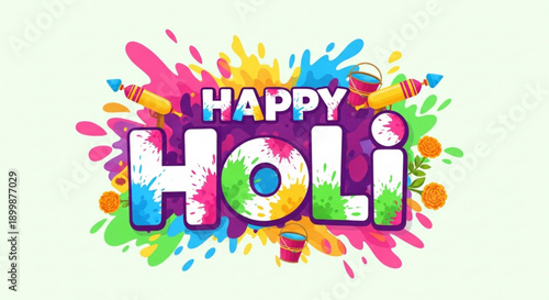 Vibrant happy holi festival celebration background with colorful paint splashes and text