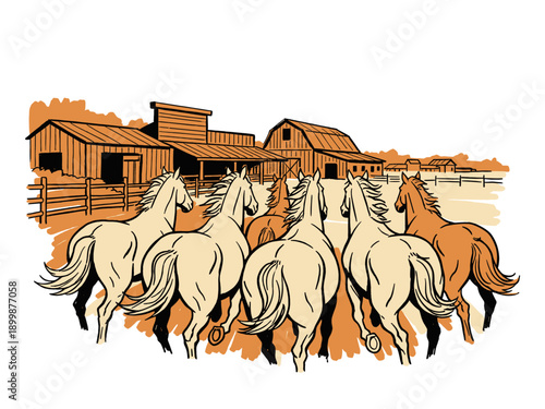 Retro illustration of wild horses stampeding toward a western ranch, farm complex, or cowboy town. Vintage equestrian design.