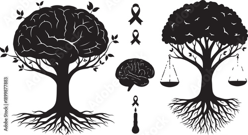 Mental Health Awareness Brain Tree Symbols with Scales and Ribbon