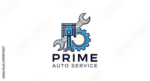 Prime Auto Service Logo with Wrench Piston and Gear.