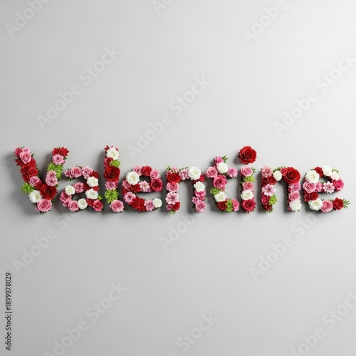 Valentine Word Made of Flowers on a Gray Wall.