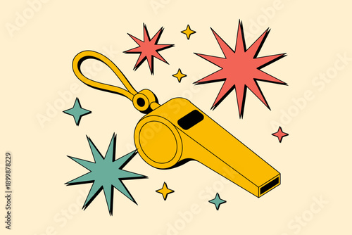 Yellow whistle with colorful stars and explosion shapes around it on beige background