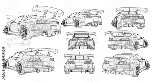 Set of racing car sketches from multiple angles.