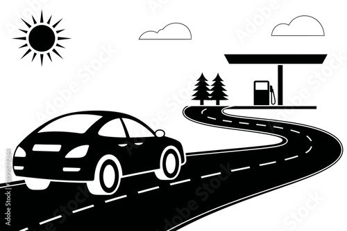 Black and white illustration of car driving on a winding road to gas station