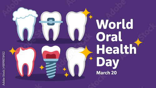 World Oral Health Day illustration with various teeth types and dental implant