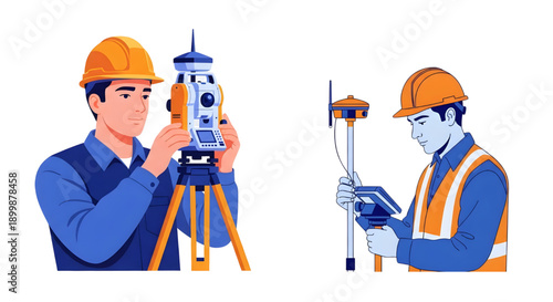 Land Surveyors Using Total Station and GNSS Rover on Site, vector illustration of two land surveyors working,  wearing hard hats and safety vests, One man operates a total station on a tripod, 