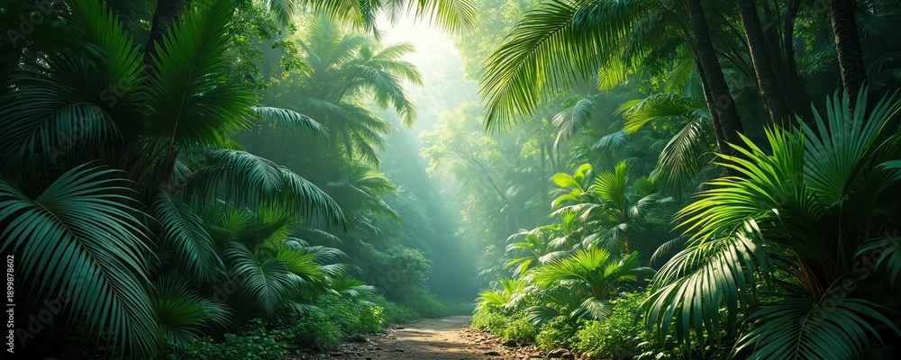 Naklejka premium Dense green jungle with tall palm trees. Sunbeams pierce thick foliage, illuminating a dirt path. Lush vegetation creates a natural, humid atmosphere.