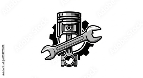 Piston Engine Part with Wrench and Gear Symbol.