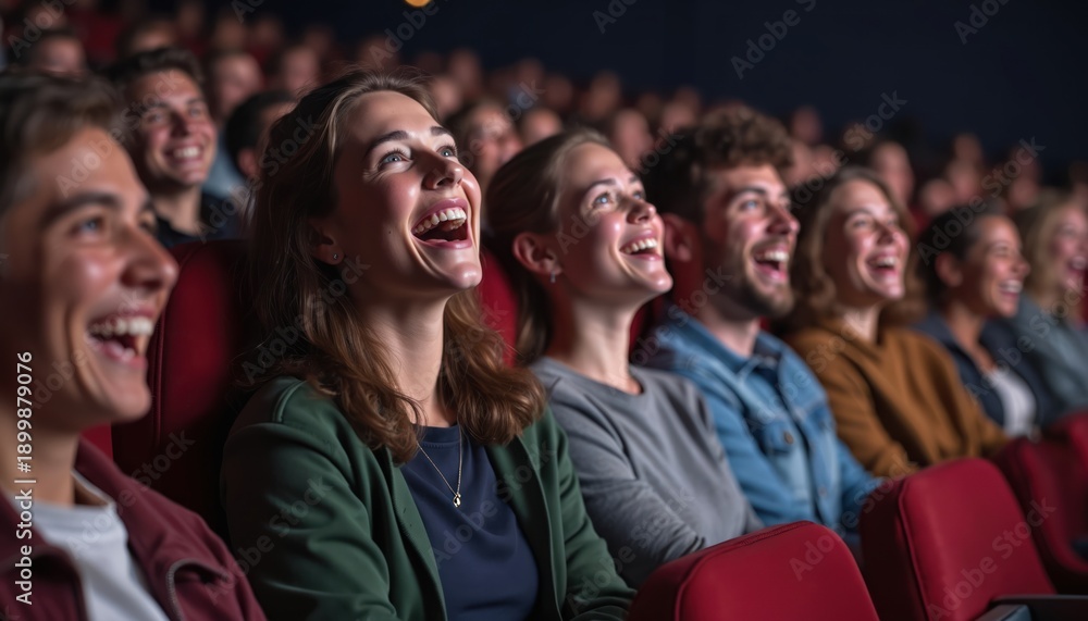 Fototapeta premium Group of young adults laugh watching movie in dark cinema. Friends enjoy film together in theater, share fun, good times. Diverse audience sits in red seats experiencing cinematic event.