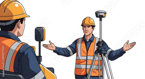 Land Surveyors with Total Station GNSS GPS Pole, Tripod at Construction Site,  two land surveyors in hard hats and safety vests at a construction site. discussing the project.