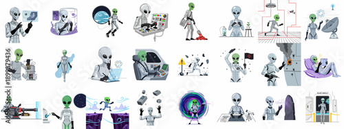 Vector set of grey and green alien characters performing various activities like space exploration, fighting, research, and operating technology.