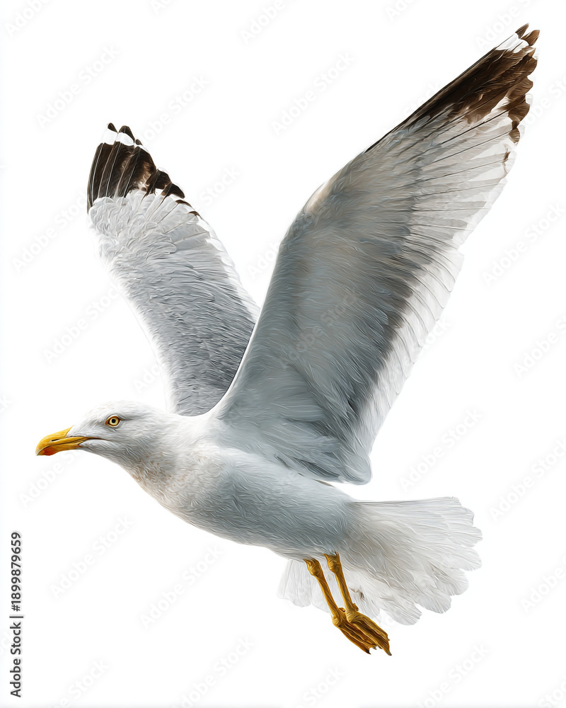 Obraz premium Seagull flying with wings spread, isolated on white background