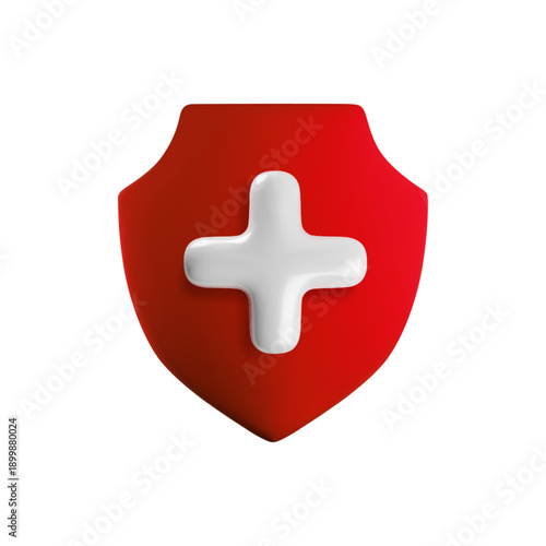 Vector cartoon 3d health protection icon. 3d render of red shield with white medical cross. First aid sign. Antivirus safety, healthcare, immunity, medical insurance symbol for app, web, design, game.