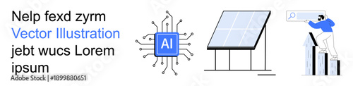 Artificial intelligence, green energy, data analytics, innovation, technological growth, sustainability. AI chip, solar panel person analyzing growth chart. Artificial intelligence and green energy