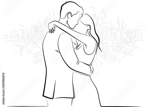 A couple of lovers hugging against the background of the city, one line art minimalism in black and white
